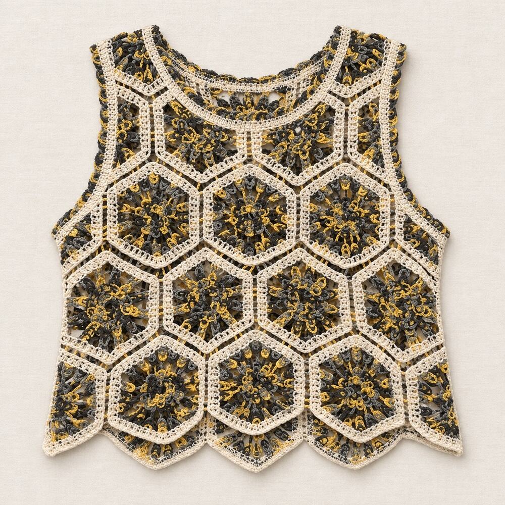G & D Women’s Small Crochet Tank Top Boho Floral Open Knit Cropped Gray Mustard
